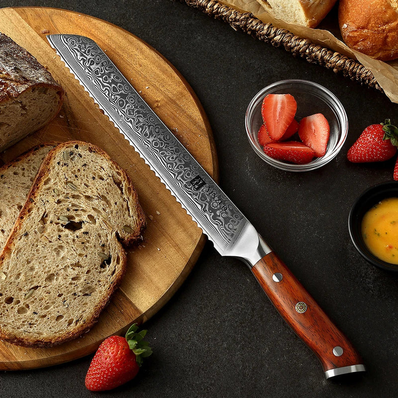 XINZUO  9'' Inch Serrated Bread Knife Damascus Steel Rosewood Handle Kitchen Knives Brand High Quality Cake Knife Cooking Tools