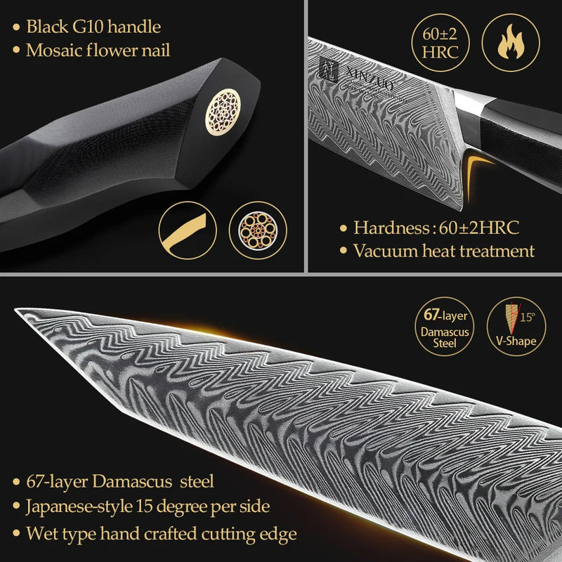XINZUO 8.5'' Inches Chef Kitchen Knives Damascus Steel Vegetable Meat Knife with G10 + Mosaic Brass Rivet Handle Cooking Knife