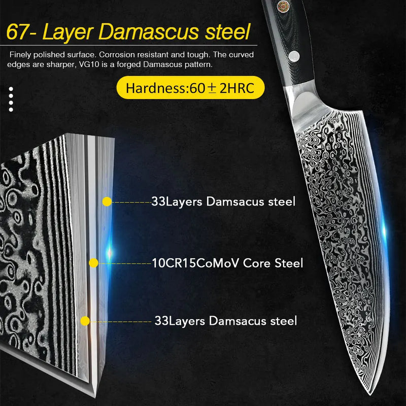 Damascus Kitchen Knives Set Japanese Chef Kitchen Knives VG10 67 Layer Stainless Steel Knives 1-9pcs Ultra Sharp G10 Handle