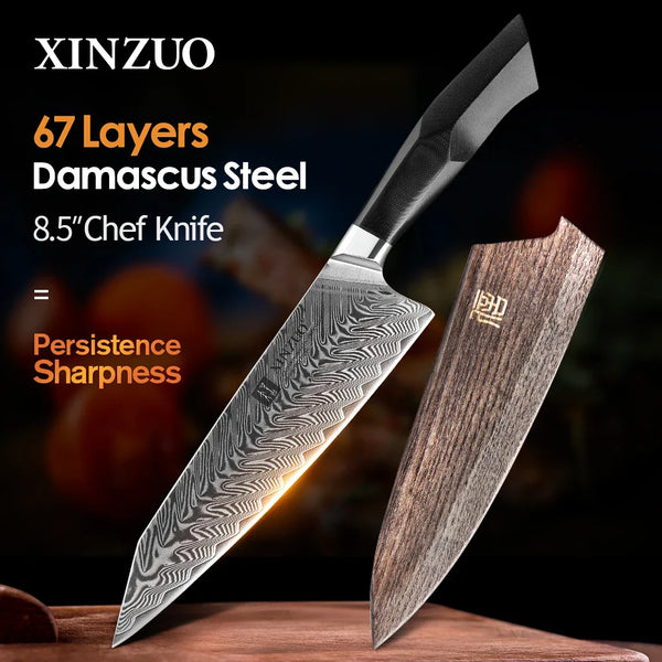 XINZUO 8.5'' Inches Chef Kitchen Knives Damascus Steel Vegetable Meat Knife with G10 + Mosaic Brass Rivet Handle Cooking Knife