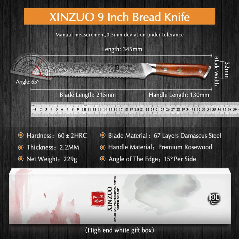 XINZUO  9'' Inch Serrated Bread Knife Damascus Steel Rosewood Handle Kitchen Knives Brand High Quality Cake Knife Cooking Tools