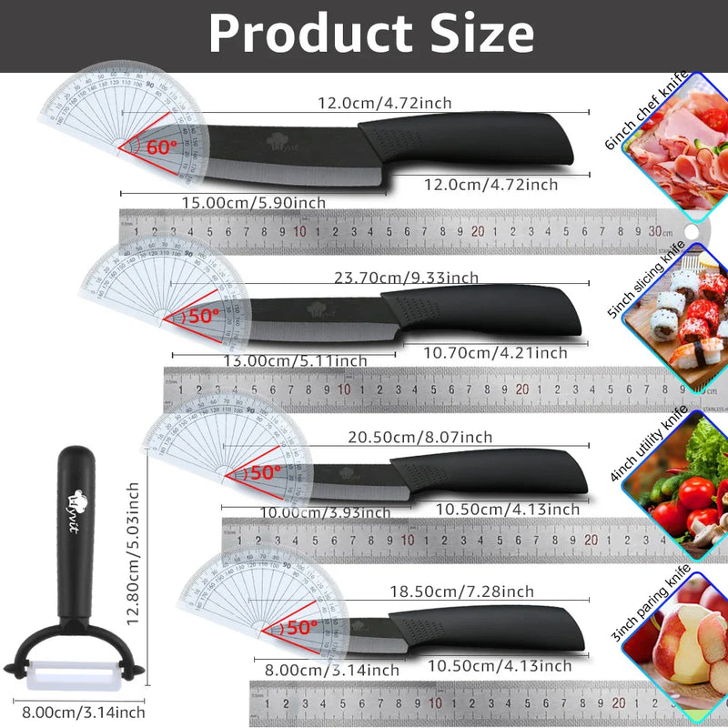 Kitchen knives Ceramic Knives Accessories set 3" Paring 4" Utility 5" Slicing 6" chef Knife+Holder+Peeler Black Blade