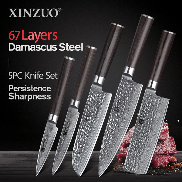 XINZUO 1-5 PCS Kitchen Knives Set VG10 Damascus Stainless Steel Sharp Chef Santoku Nakiri Slicing Paring Knife Pakkawood Handle