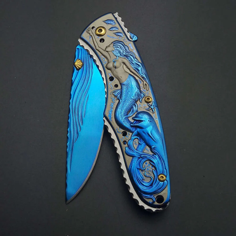 Mermaid Fold Knife Blue Titanium Survival Tool